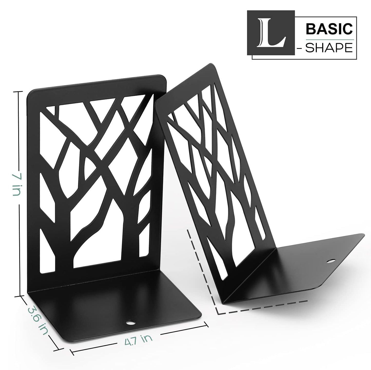 MaxGear Tree Design Modern Bookends for Shelves, Non-Skid Book Holder, Heavy Duty Metal Storage for Books/CDs, Decorative Book Stopper for Home, 7 x 4.7 x 3.5”, Black (2 Pair/4 Pieces)