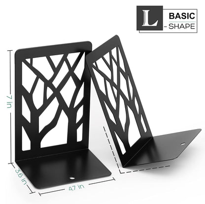 MaxGear Tree Design Modern Bookends for Shelves, Non-Skid Book Holder, Heavy Duty Metal Storage for Books/CDs, Decorative Book Stopper for Home, 7 x 4.7 x 3.5”, Black (2 Pair/4 Pieces)