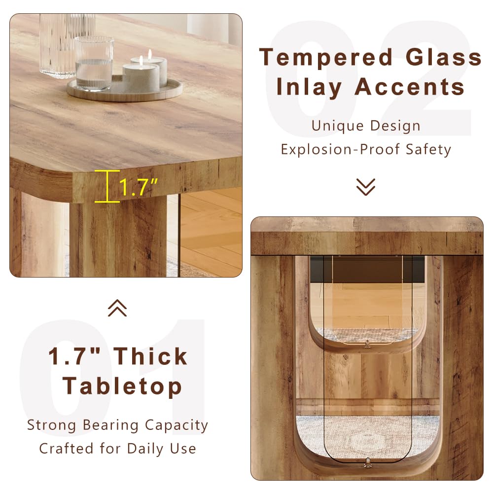 Rejeke 64.5" Dining Room Table Set for 6, Modern Farmhouse Wood Dining Table Set with Decorative Pedestal Legs & 6 Cushioned Chairs,Rustic Brown Kitchen Table Set for Kitchen, Easy Assembly Rejeke