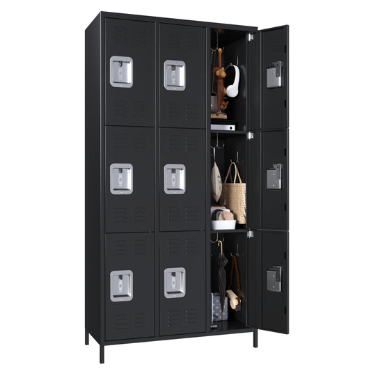 Aobabo Metal Office Storage Lockers 9 Door Lockable Locker Cabinet, 72 Inch Tall Storage Locker for Employee,Home Office,Gym,School, Black, Assembly Required