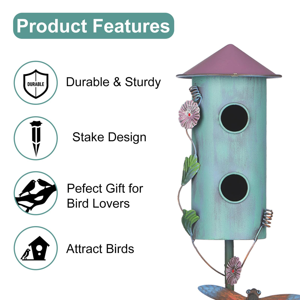BAYN 57” Bird Houses Stake for Outside, Metal Wild Bird Feeder Double-Hole Birdhouse Stake with Cylinders Design Outdoor Decorations for Patio, Backyard, Garden BAYN