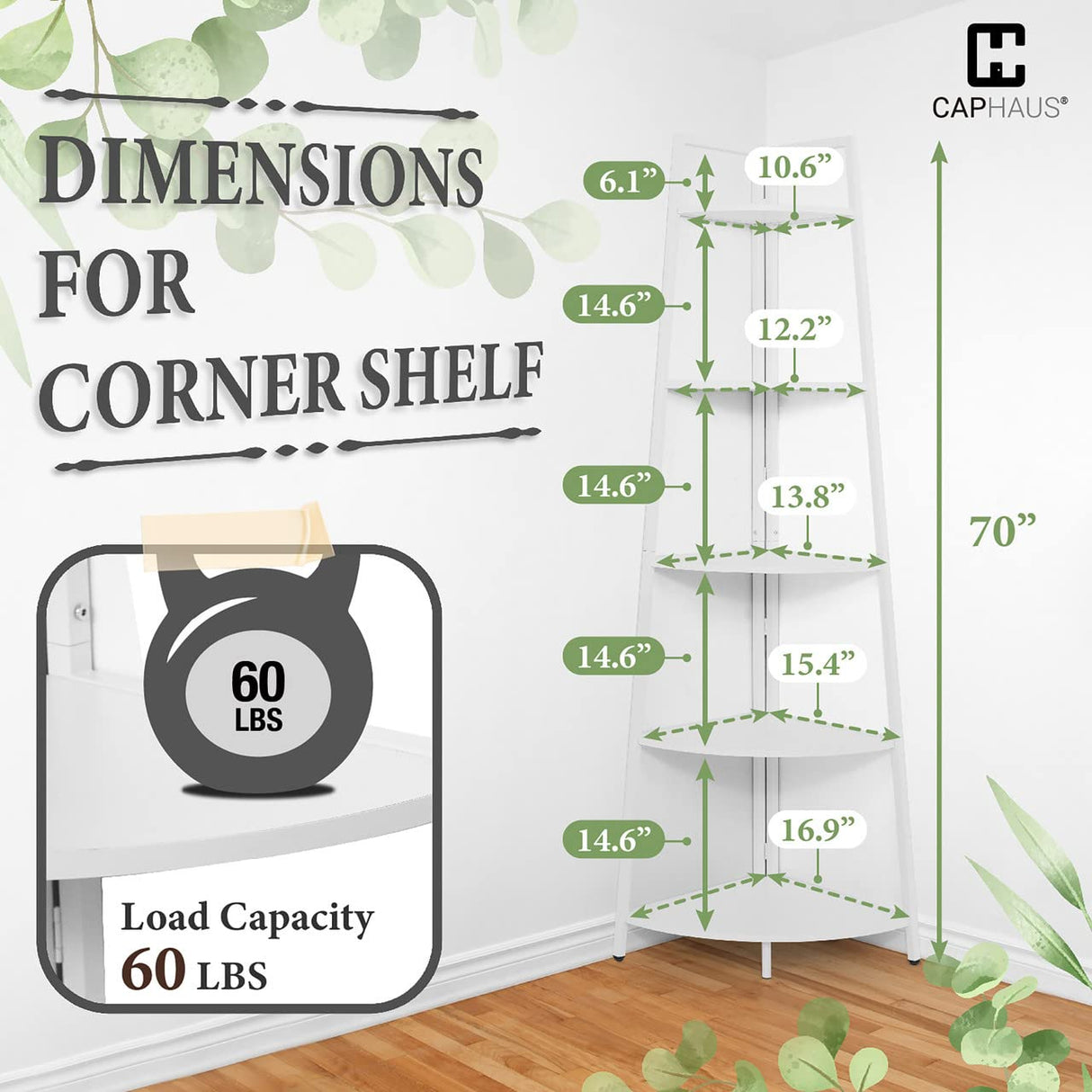 CAPHAUS Tall Corner Shelf Stand, 5-Tier Display Shelves, Ladder Corner Wood Storage Plant Bookshelf with Metal Frame, Versatile Shelving Unit Bookcase for Home Office Space, White CAPHAUS