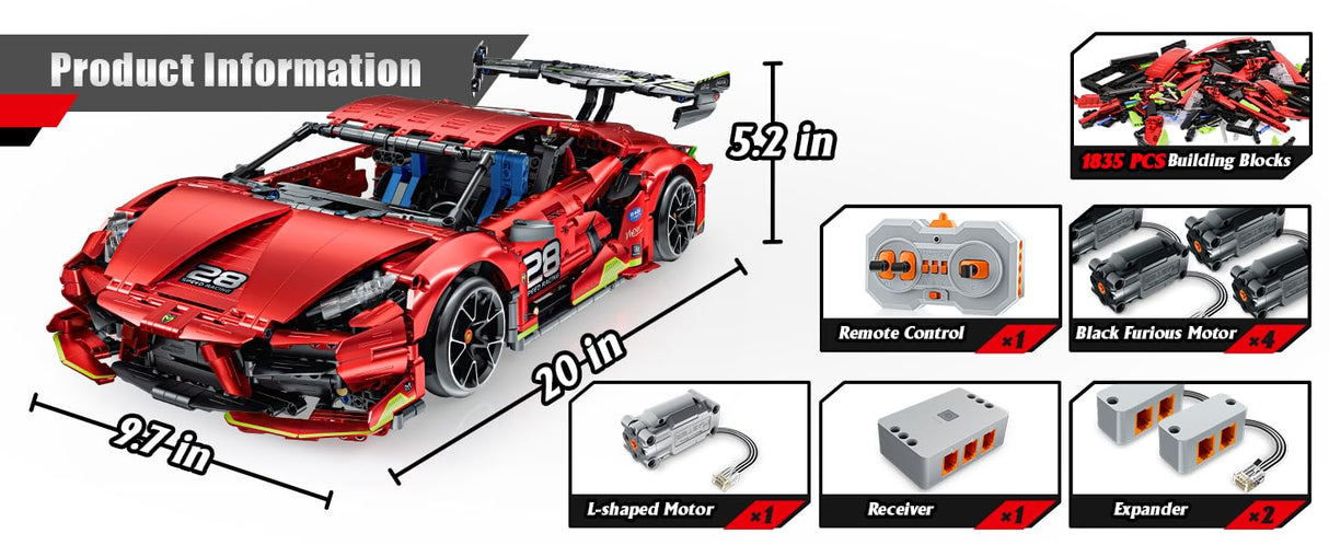 OWNONE 1 Remote Control Super Car Building Kits, 1835PCS Technique Plated Race Car Building Set for Adults Men Teens - with 5 Fast Motors, Electric Height Adjustment & Drift Spin Wheels OWNONE 1