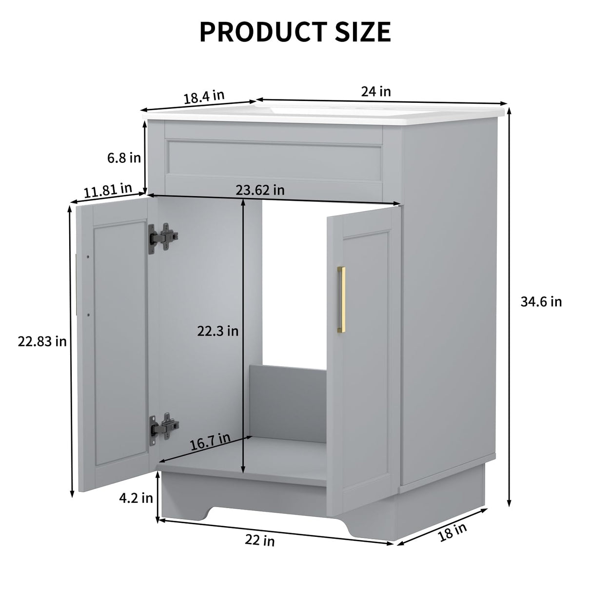 Ymise Bathroom Vanity with Sink, 24-Inch Bathroom Vanities Cabinet with Large Storage Space, Wooden Bathroom Sink Cabinet, Grey Ymise