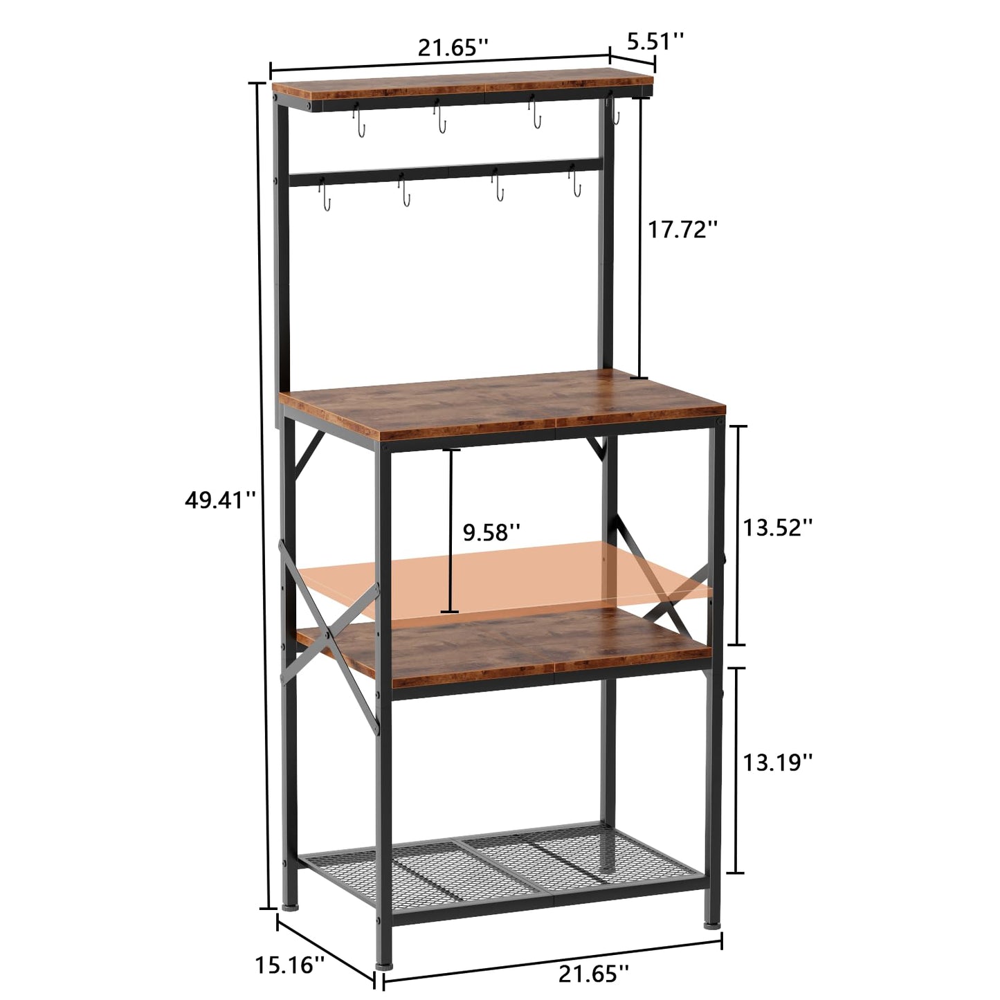 Korfile Kitchen Bakers Rack with Storage Shelves, Small Coffee Bar Table with 8 Hooks, 4 Tiers Microwave Stand Station with Adjustable Shelves, Freestanding Kitchen Appliance Organizer, Rustic Brown