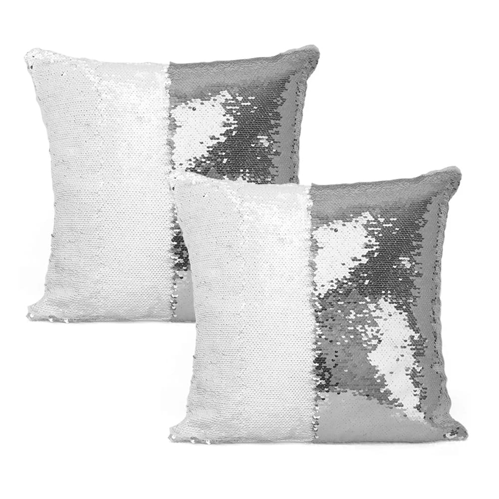 HMQIANG Sequin Pillow Covers 16''x16'' Set of 2 Silver Flip Glitter Reversible Personalized Sublimation Blanks DIY Printing Cushion Pillow Cases for Couch HMQIANG