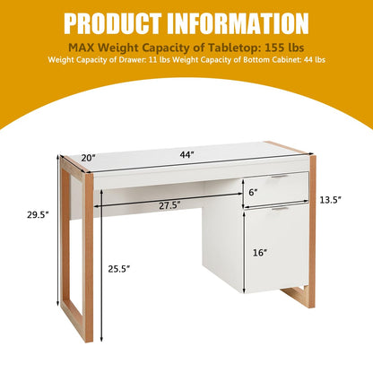 Tangkula White Desk with Drawer & Cabinet, Wooden Home Office Desk, PC Laptop Workstation Study Writing Desk, Ideal for Bedroom Home Office (White & Natural) - WoodArtSupply