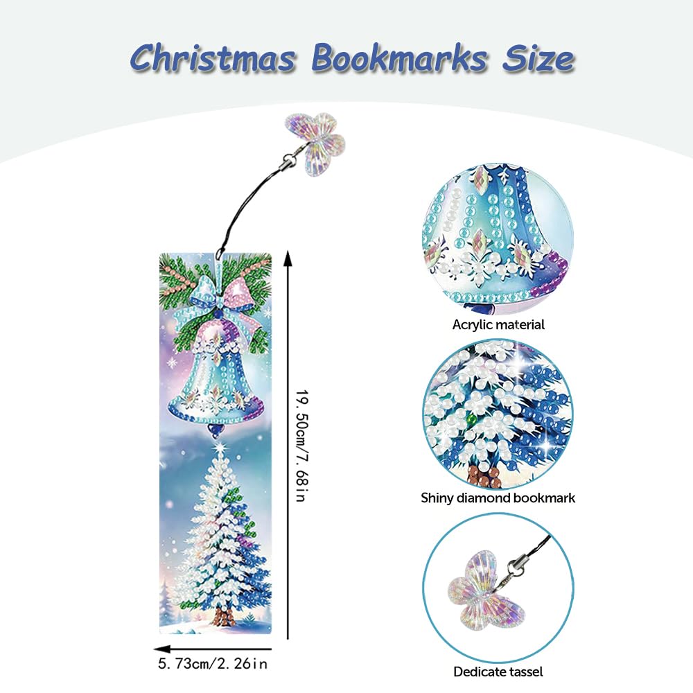 8 Pcs 5D Diamond Art Bookmarks for Reading Lovers, Handmade DIY Diamond Painting Book Marks with Tassels for DIY Making Beginners Adults Arts Craft Supplies (Snowman) JBTM24