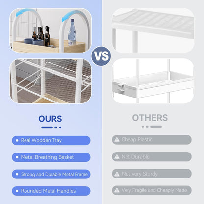 Small Kitchen Bathroom Organizer Cart - 4-Tier Narrow Rolling Cart Organizer with for Bookcase, Office,2 Metal Basket,2 Wooden Tray,Upgraded Version Arc Handle,9.5" D x 16.5" W x 28.5" H - WoodArtSupply