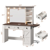 43.7" Farmhouse Vanity Desk with Large Mirror and Hollywood Lights, Makeup Vanity Desk with Charging Station, Adjustable Lighting,3 Drawers with 1 Velvet jewelry box for Bedroom, Dressing Room UPOSOJA