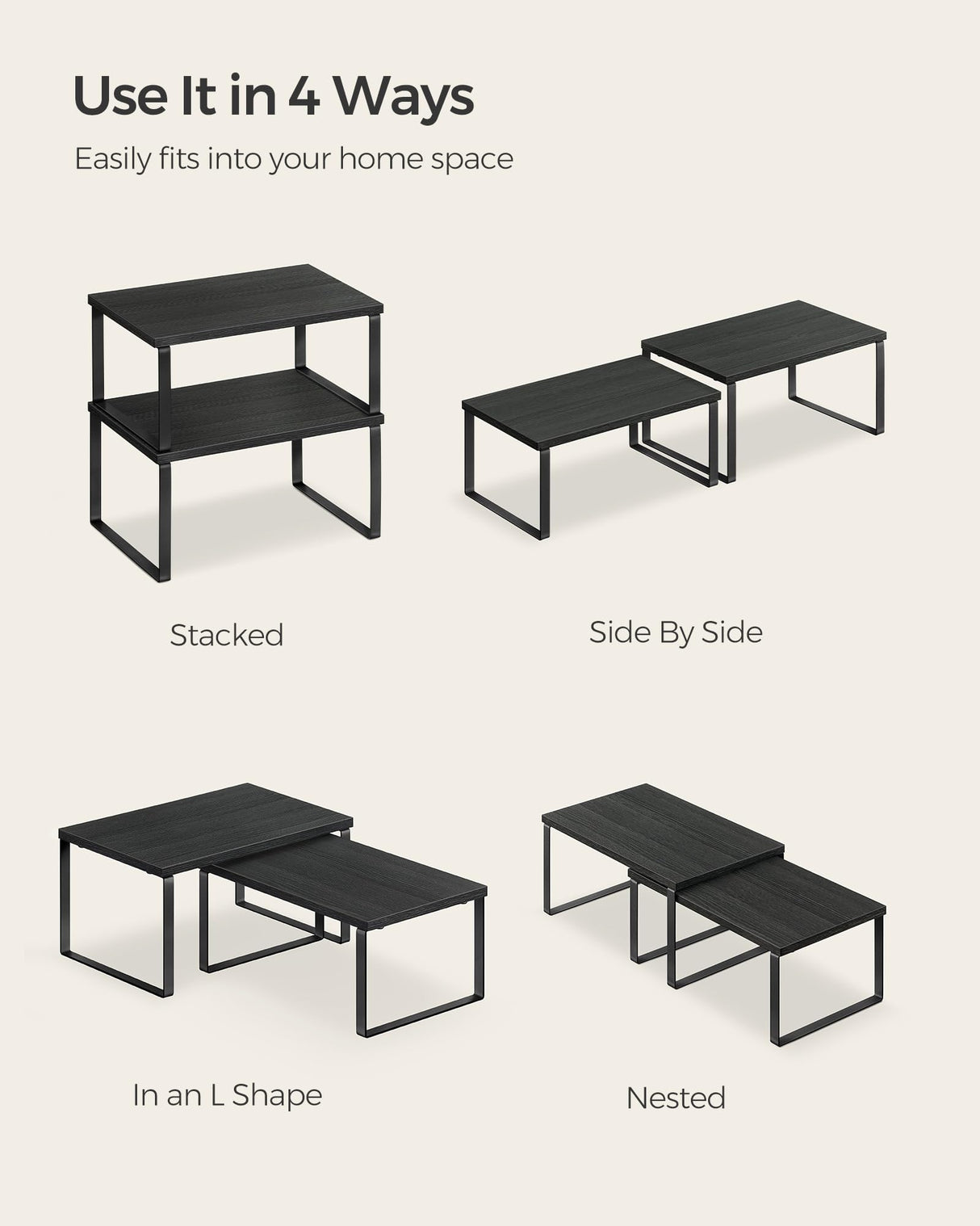 SONGMICS Cabinet Organizer Shelf, Set of 4 Kitchen Counter Shelves, Kitchen Storage, Spice Rack, Stackable, Expandable, Metal and Engineered Wood, Ink Black and Ebony Black UKCS027B01 SONGMICS