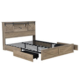 Farmhouse Queen Bed Frame with Storage Drawers & Bookcase Headboard - LED Lights, USB Charging Station, Sliding Barn Door, Wooden Platform Bed No Box Spring Needed Rustic Oak Bedroom Furniture Set SLEERWAY