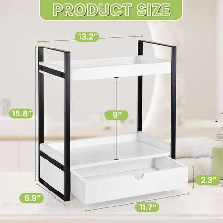 Ukonvi 2-Tier Bathroom Organizer Countertop with Drawer, Wood Counter Shelf for Storage, Vanity Tray for Bathroom Organization and Decor, Countertop Organizer for Kitchen, Office (White) Ukonvi