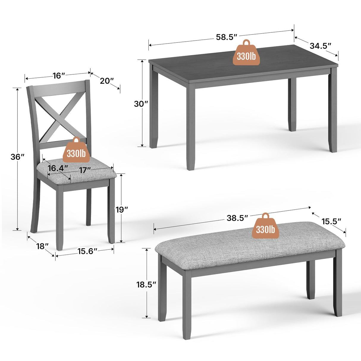 Zevemomo 6-Piece Wooden Dining Table Set, Dining Table Set for 6, Including 1 Dining Table, 4 Upholstered Chairs and 1 Bench, Wooden Legs Dining Table, Table Set for Dining Room, Grey Zevemomo