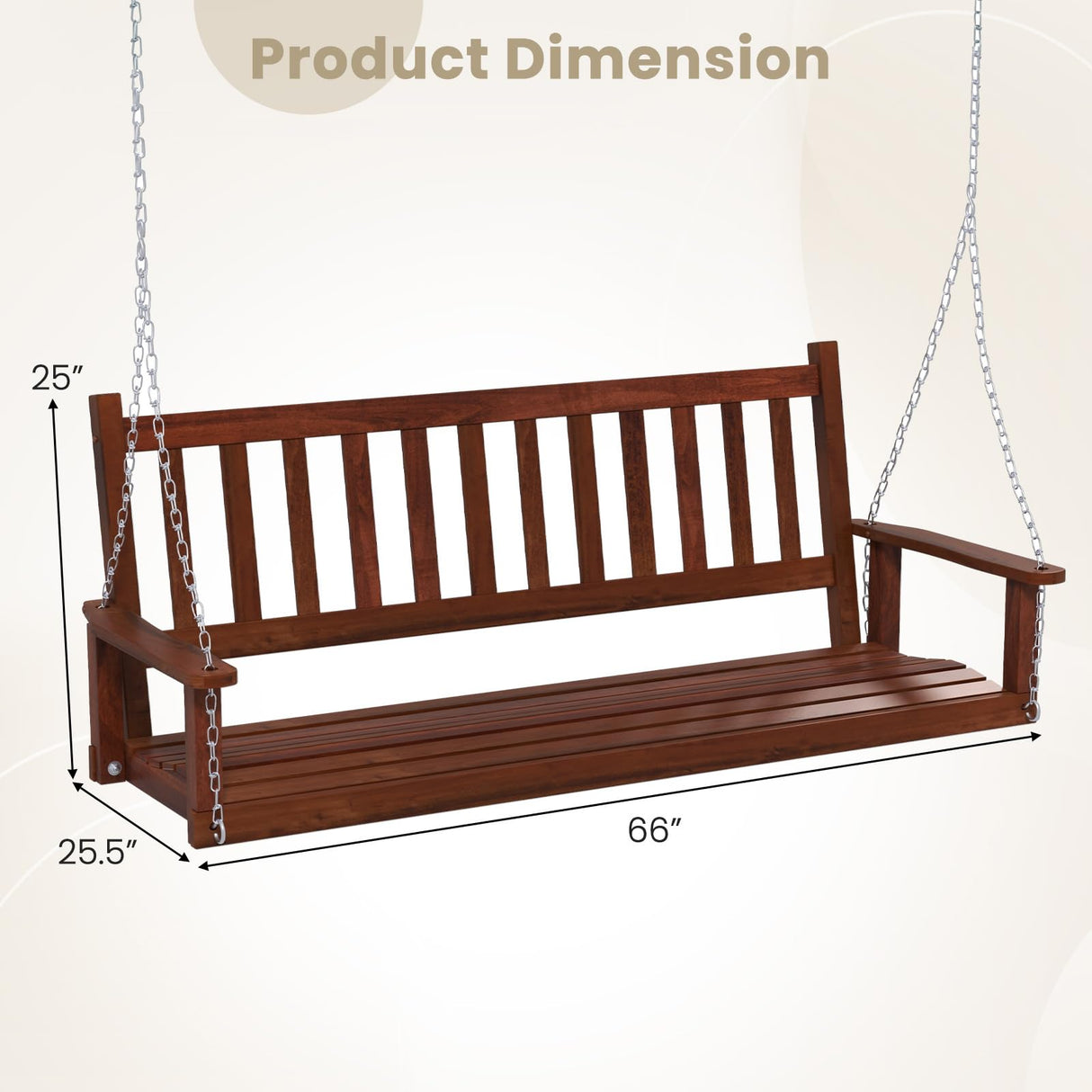 HAPPYGRILL 3-Person Wooden Outdoor Porch Swing, Heavy Duty Patio Hanging Bench Chair with 800 LBS Weight Capacity, 5.6 FT Adjustable Upper Chains, Slatted Back, Swing Bench for Garden, Backyard HAPPYGRILL