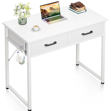 Casaottima 32 Inch Small Office Computer Desk with 2 Drawers & Headphone Hook - Compact Writing Desk for Home Office, Study or Work, Modern Space-Saving Design for Small Spaces, White Casaottima