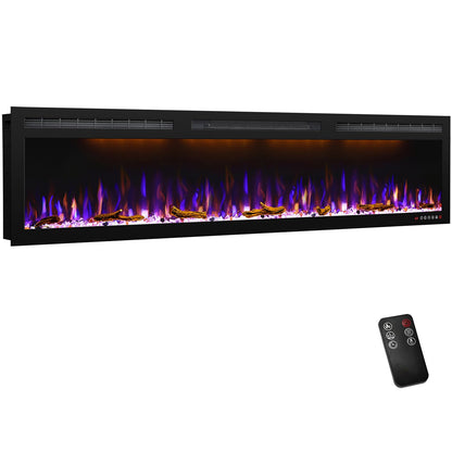 Mystflame 72 inch Electric Fireplace - Ultra Slim Frame - in Wall Recessed & Wall Mounted - Multicolor Flame - Log & Crystal Hearth - 1500/750 Watt Heater - Remote Control & Touch Screen- Timer