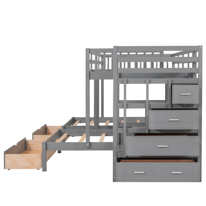 Harper & Bright Designs Grey Triple Bunk Beds with Drawers and Storage Staircase - Full Over Twin & Twin Design - WoodArtSupply