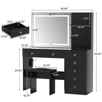 VOWNER Vanity with Lighted Mirror - 47" Makeup Vanity Desk with 7 Drawers, 3 Storage Shelves and Outlet, 3 Color Lighting Modes with Adjustable Brightness, Makeup Desk with Stool for Bedroom,Black