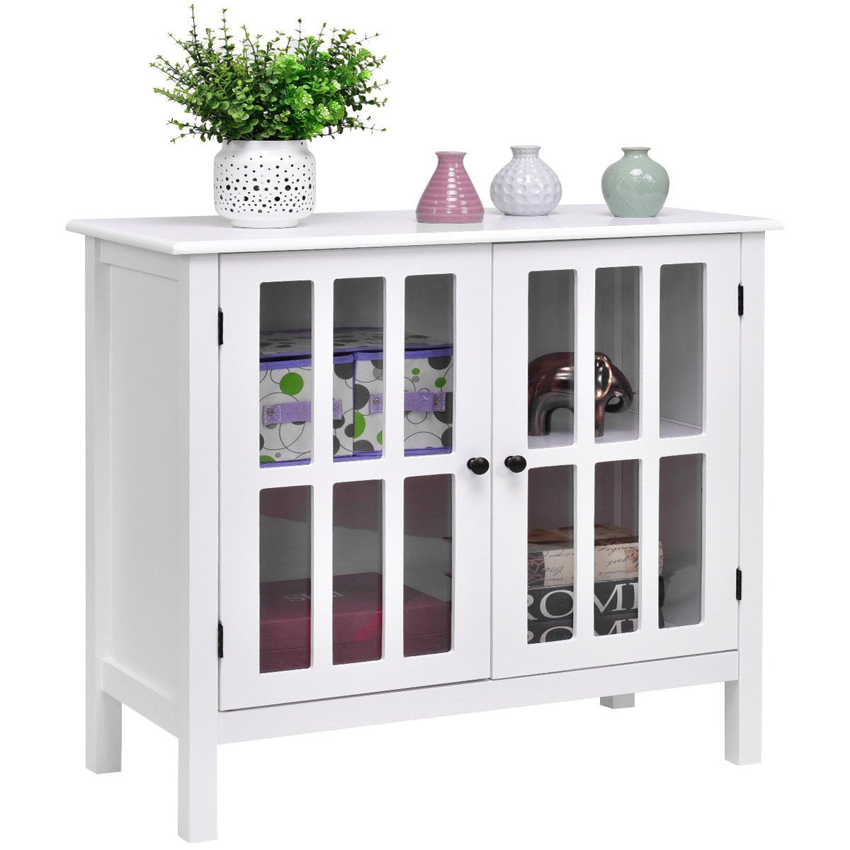 Tangkula Sideboard Buffet Storage Cabinet, Kitchen Storage Cabinet with 2 Glass Doors, Liquor Cabinet for Home Kitchen Dining Room, Cupboard Console Table, Curio Cabinet (White) - WoodArtSupply