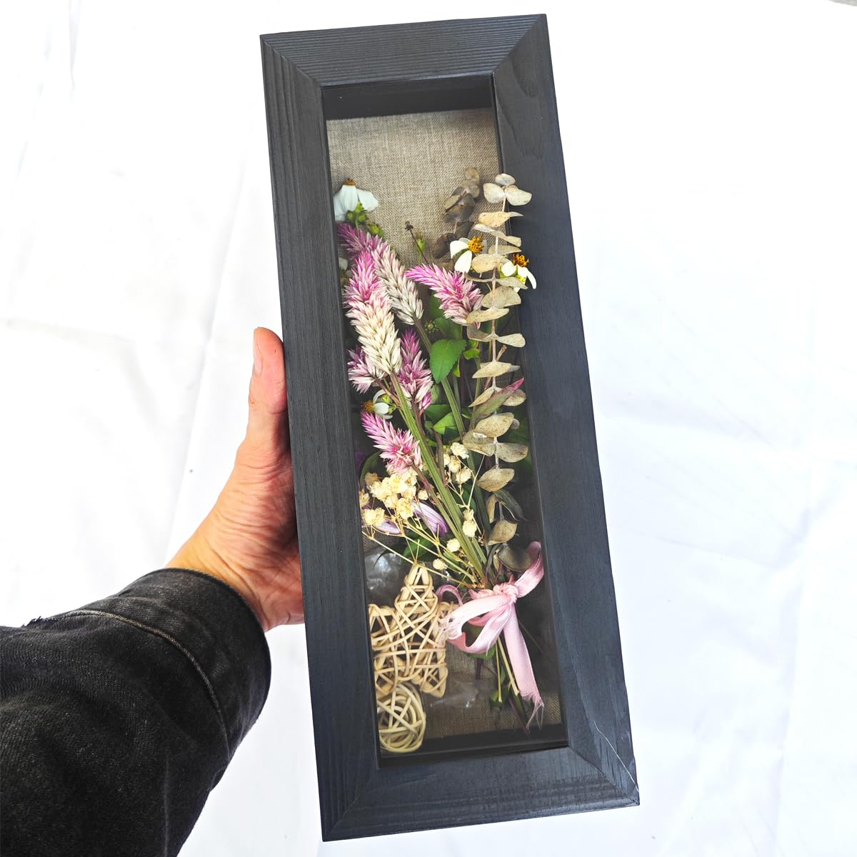 Shadow Box Frame 12.5" x 5" Solid Wood Display Case with Linen Background Deep Display Case for Wedding Bouquets, Medals, Knives, and Keepsakes - WoodArtSupply