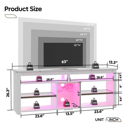 Bestier TV Stand for 65/70 inch TV, Tall Entertainment Center with 2 Led Lights, Gaming TV Console with Storage for PS5, Modern TV Cabinet for Bedroom, Living Room, White Marble - WoodArtSupply