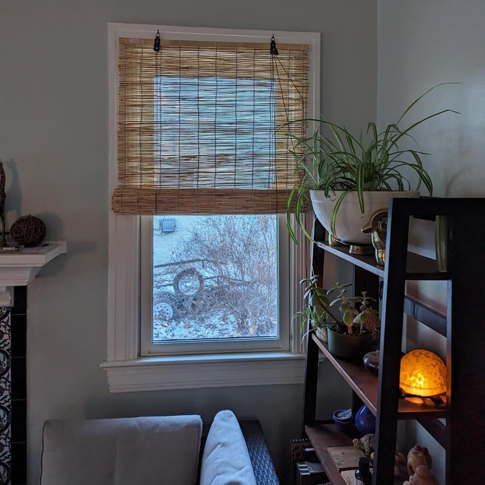 QHDPKU Outdoor Bamboo Blinds Roll Up Woven Reed Shades Waterproof Matchstick Roller Curtain for Window Patio Gazebo Restaurant, Breathable, 24" 30" 32" 40" 46" 54" 60" 72" Wide Cordless QHDPKU