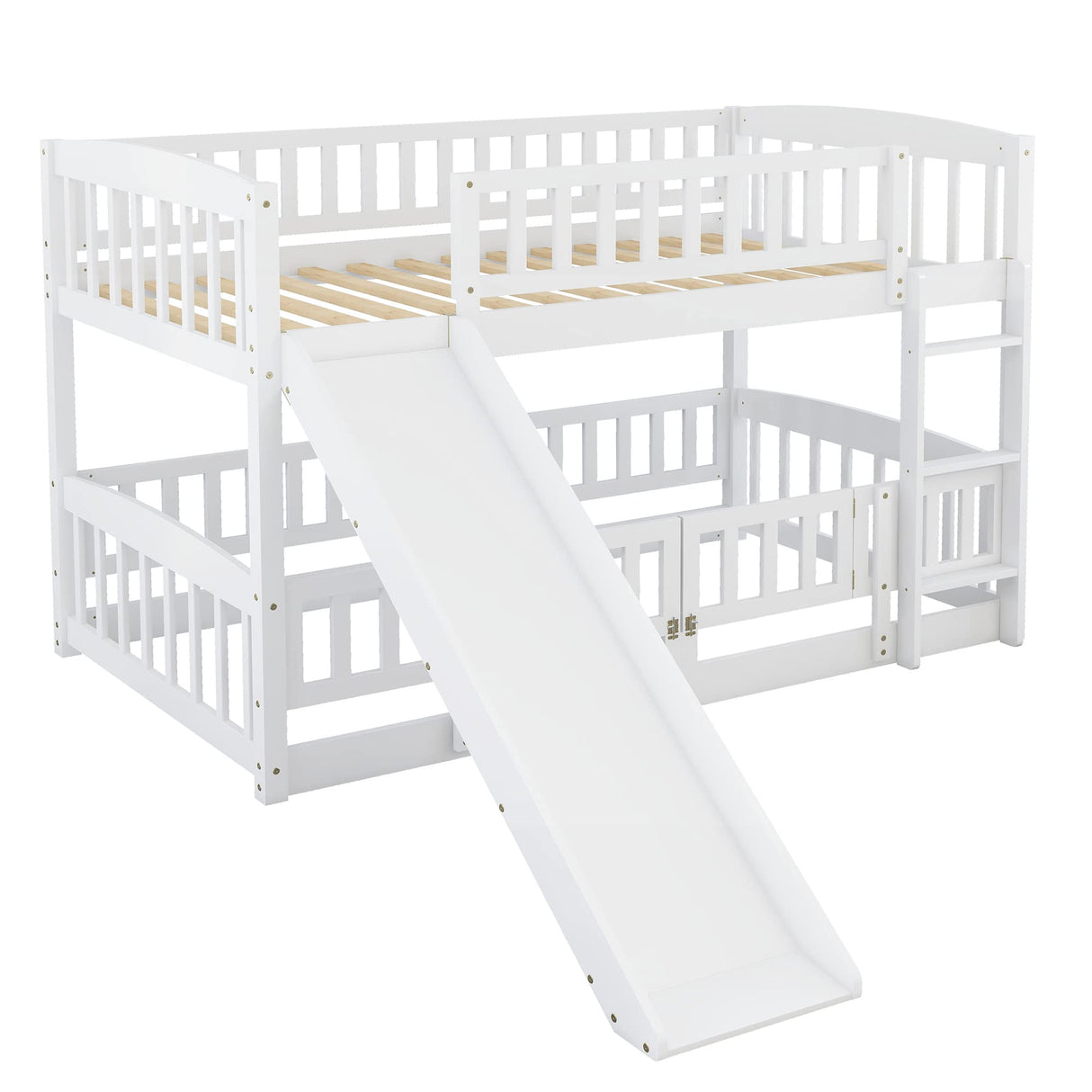 Bellemave Bunk Bed Twin Over Twin with Slide and Stairs, Twin Bunk Bed for Kids, Girls, Boys, Floor Bunk beds with Fence and Door, White Bellemave