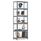 BRIGHTORIA 5-Tier Clear Display Cabinet with Flip Acrylic Doors, Collectibles Toy Books Showcase Organizers Storage Rack, 68" Tall Bamboo Standing Display Case for Playroom Bedroom, Grey BRIGHTORIA