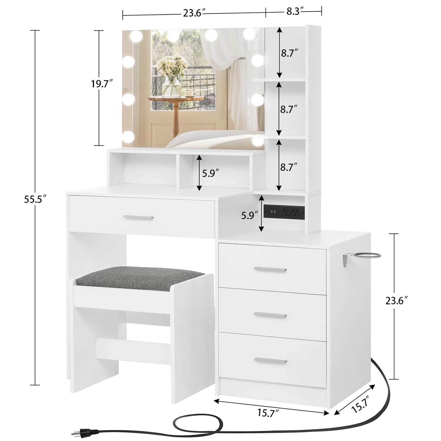 usikey Large Vanity Table Set with Lighted Mirror & Charging Station, Makeup Vanity Dressing Table with 4 Storage Shelves and 4 Drawers, Vanity Desk with 3-Drawer Chest and Cushioned Stool, White