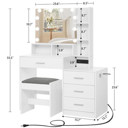 usikey Large Vanity Table Set with Lighted Mirror & Charging Station, Makeup Vanity Dressing Table with 4 Storage Shelves and 4 Drawers, Vanity Desk with 3-Drawer Chest and Cushioned Stool, White