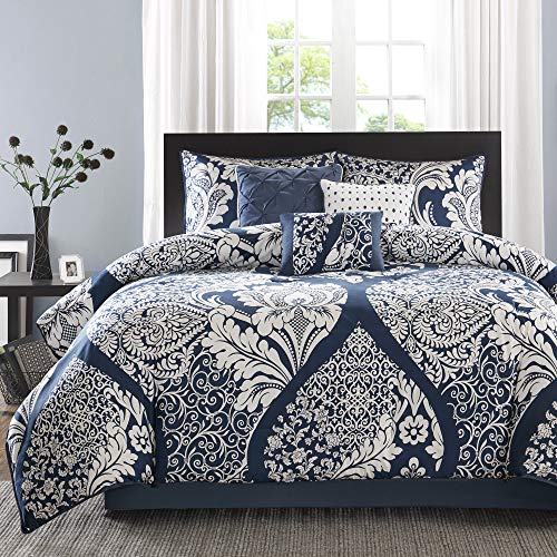 Madison Park Vienna Sateen Cotton Comforter Set, Breathable, Soft Cover, Trendy, All Season Down Alternative Cozy Bedding with Matching Shams, King, Indigo 7 Piece Madison Park