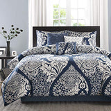 Madison Park Vienna Sateen Cotton Comforter Set, Breathable, Soft Cover, Trendy, All Season Down Alternative Cozy Bedding with Matching Shams, King, Indigo 7 Piece Madison Park