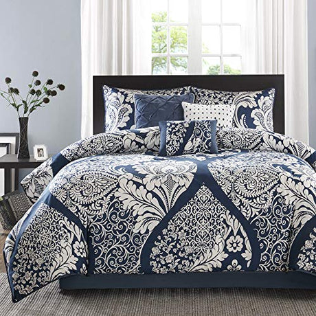 Madison Park Vienna Sateen Cotton Comforter Set, Breathable, Soft Cover, Trendy, All Season Down Alternative Cozy Bedding with Matching Shams, King, Indigo 7 Piece Madison Park