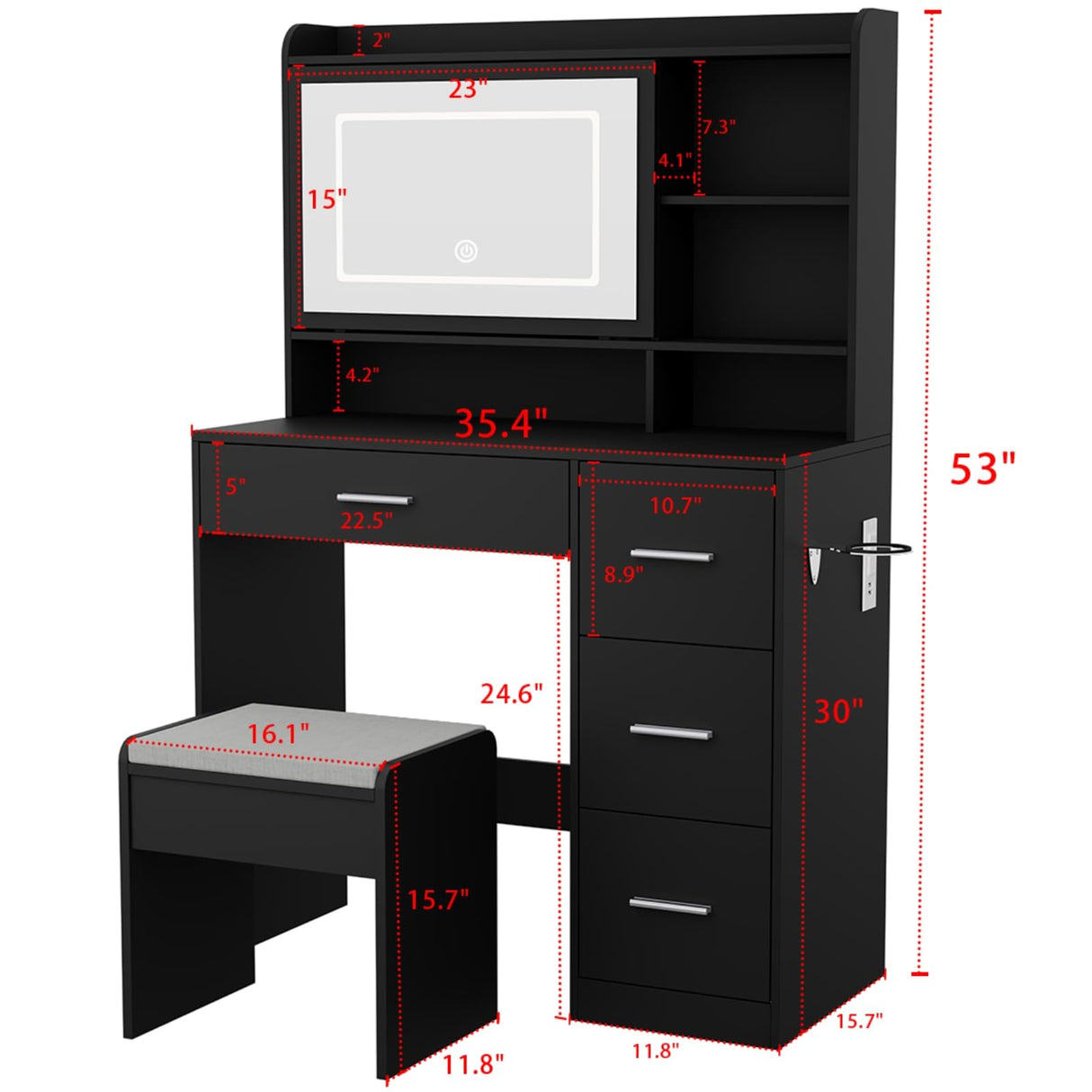 Viaozutis Vanity Desk with a Mirror and Lights，with Chair and Four Drawers, Three Adjustable Lighting Modes，with Power Outlet and Sliding LED Mirror,Bedroom Vanity Desk (Black) Viaozutis