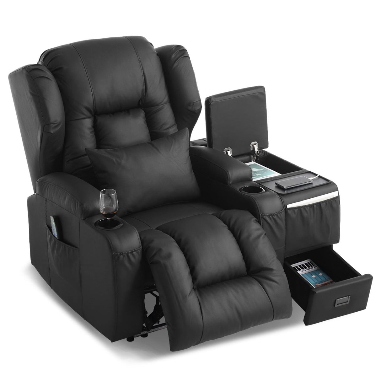 DRMBOOK Power Recliner Chair, Electric Wall Hugger Reclining Sofa with Massage & Heat, Modern Theater Seating with LED/USB Port/Cup Holders for Living Room (Leather Black, 1 Chair with Console) DRMBOOK