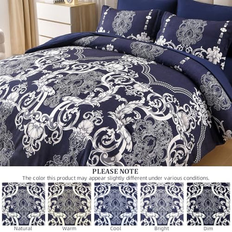 Mybedsoul 7 Pieces Navy Blue Comforter Set King Size, Damask Bed in a Bag for King Bed, Lightweight Microfiber Boho Bedding Sets with Comforter, Sheet, Pillowcases & Shams for All Season(90"x104") Mybedsoul