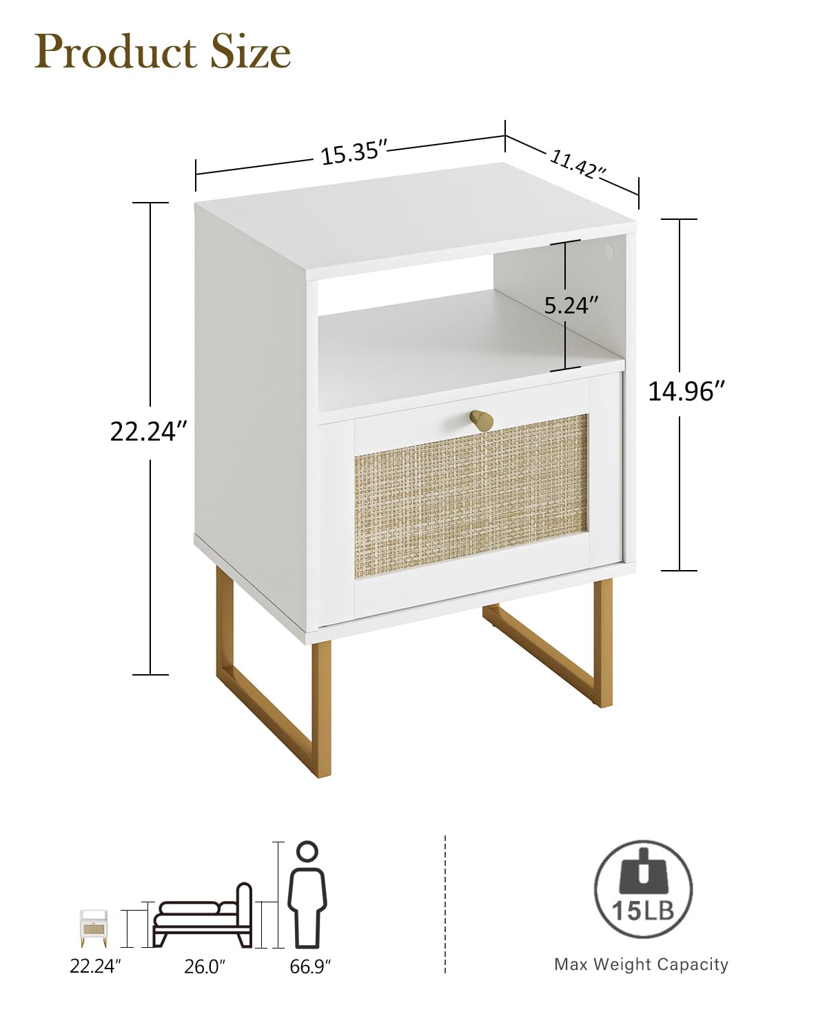 Acodaiuy Rattan Nightstand, Boho Night Stand Wood Farmhouse Bedside Table with Storage, End Side Accent Table for Bedroom,Living Room,White Acodaiuy