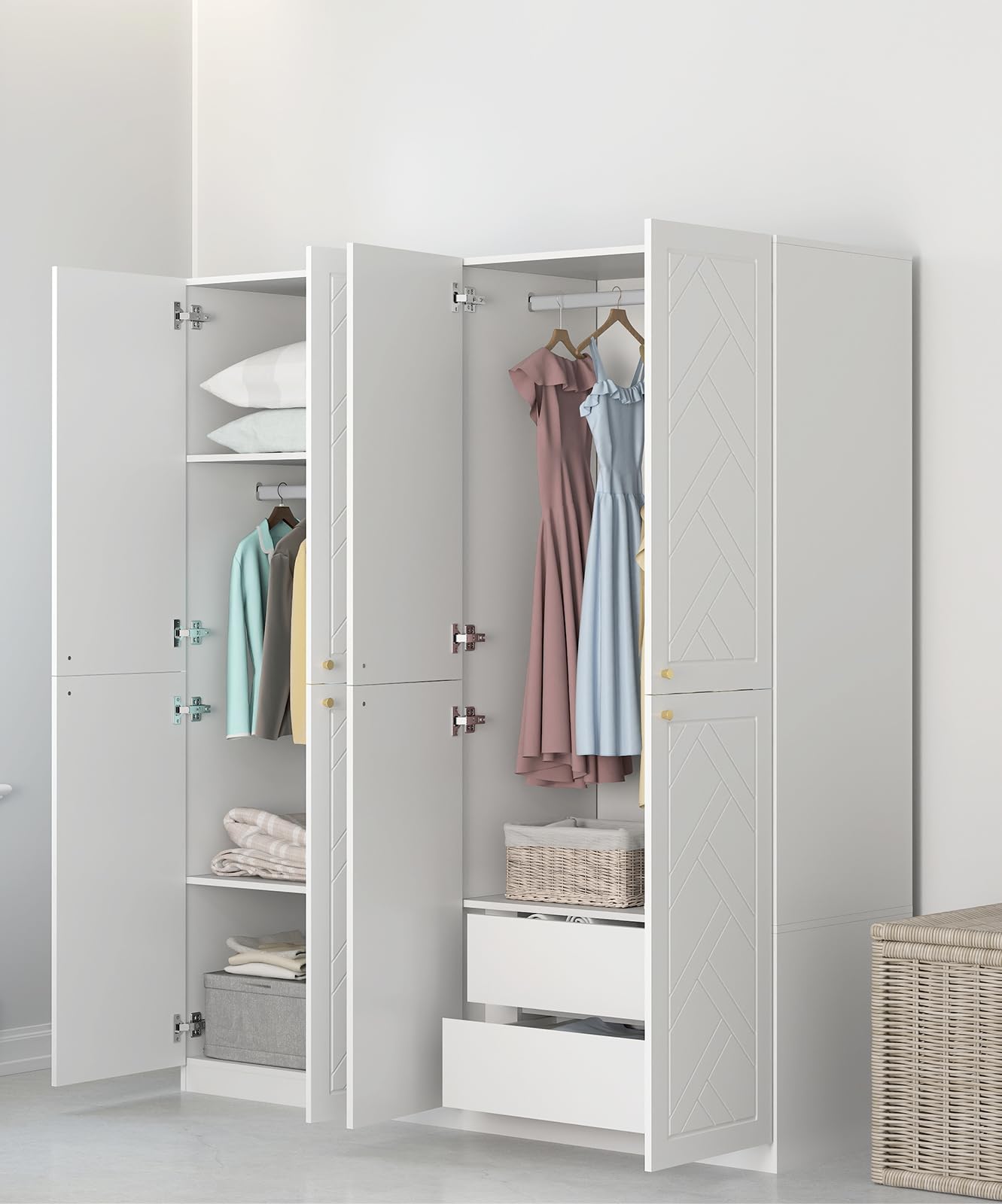 63" Wide Armoire Wardrobe Closet, 4 Door 2 Drawers Large Storage Cabinet, Wooden Organizer with 2 Shelves and 2 Hanging Rods 63 "L x 20.28 "W x 71.65 "H White