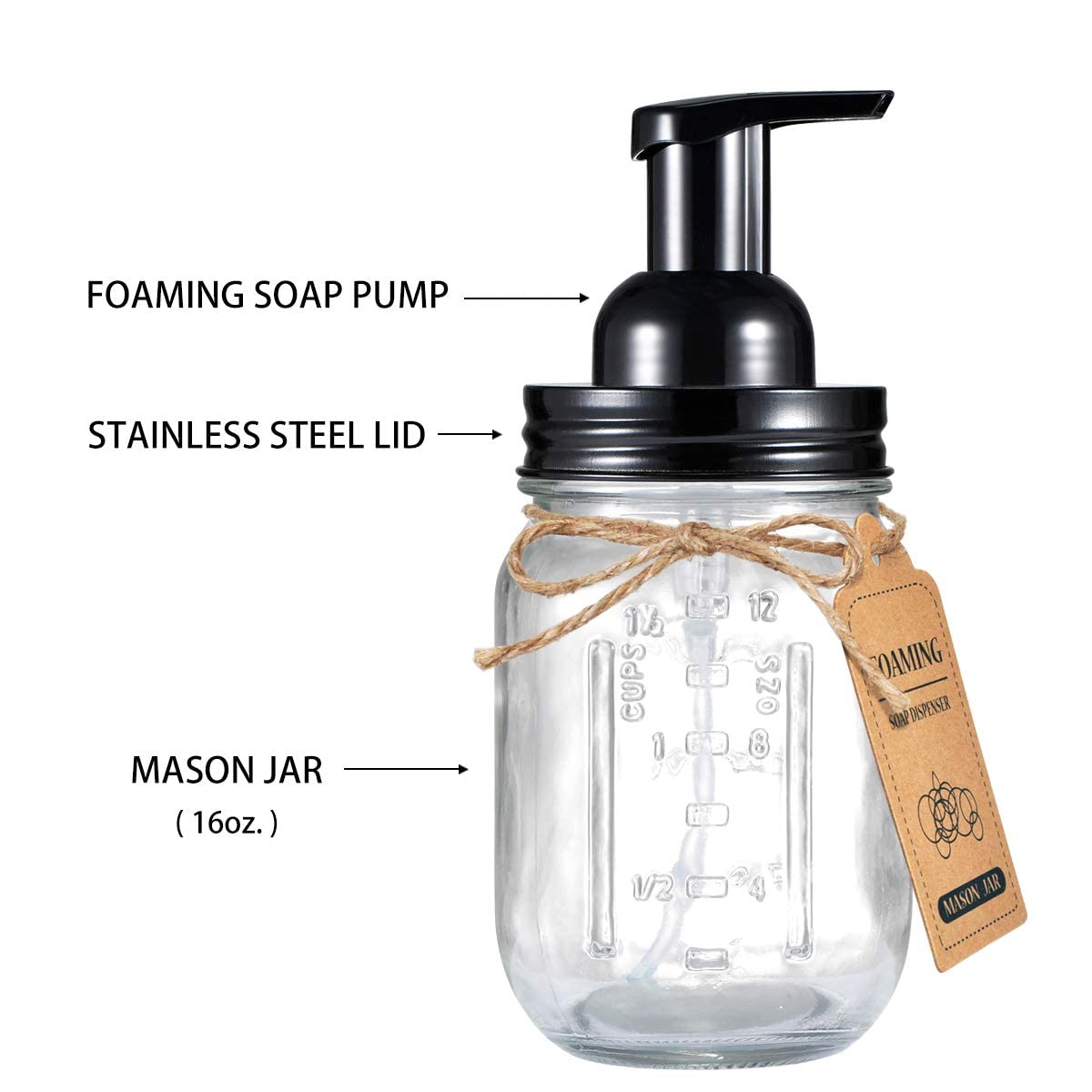 Amolliar Mason Jar Foaming Soap Dispenser, Plastic Pump Rustproof Stainless Steel Lid, Waterproof Label, Rustic Farmhouse Decor Hand Soap Dispenser, Dish Soap for Bathroom, Kitchen, Bath, Black 2 Pack Amolliar