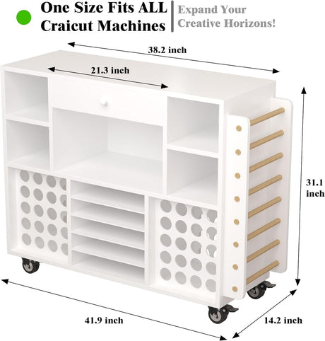 Craft organization and storage Cart Compatible with Cricut Machine, Rolling Craft Organizer With large drawer & 48 Vinyl Roll Holder, Crafting Cabinet Table Workstation for Craft Room Home CXQ