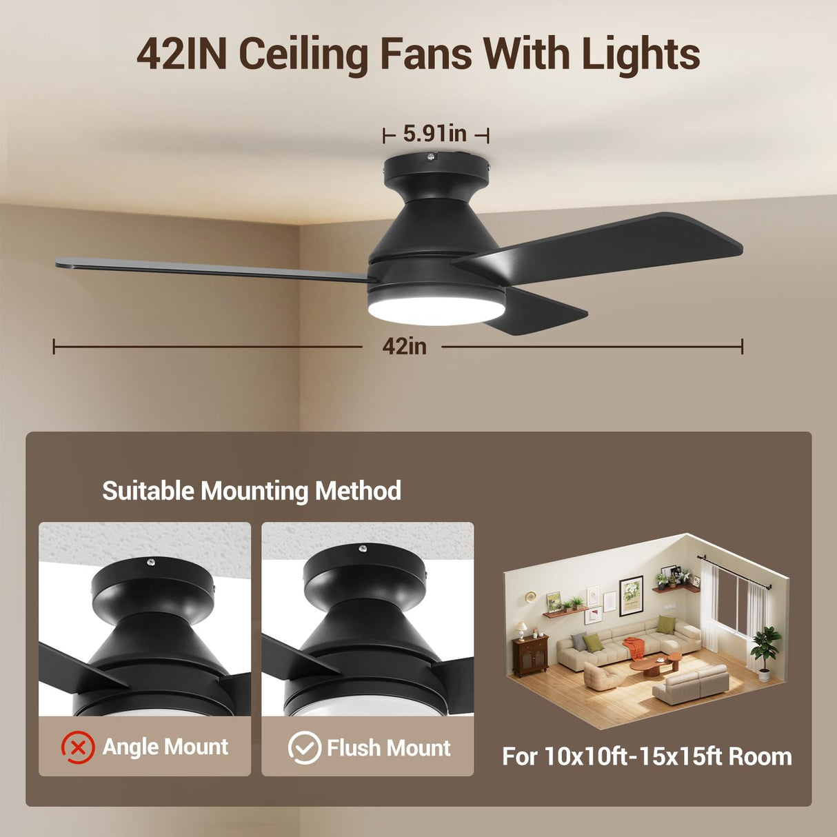 Dgguo Ceiling Fans with Lights, 42 Inch Low Profile Ceiling Fan with Light and Remote Control, Reversible, LED Dimmable for Bedroom Living Room Indoor/Outdoor Patio Use Dgguo