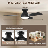 Dgguo Ceiling Fans with Lights, 42 Inch Low Profile Ceiling Fan with Light and Remote Control, Reversible, LED Dimmable for Bedroom Living Room Indoor/Outdoor Patio Use Dgguo