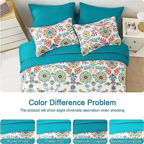 DHSFKBE Boho Comforter Set Twin - 5 Pieces Bed in a Bag Floral Medallions Design, Bohemian Comforter Set with Sheets, Soft Microfiber Complete Bedding Sets All Season (Teal Blue, Twin) DHSFKBE