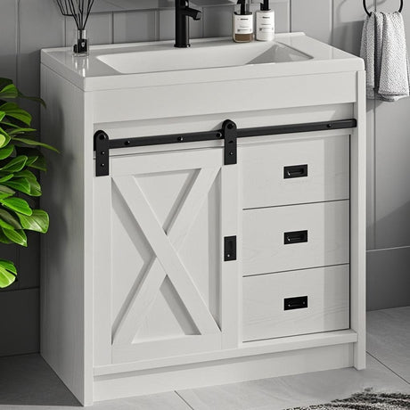 4ever2buy Farmhouse Bathroom Vanity with Sink, Bathroom Vanity Cabinet with 2 Drawers & Sliding Barn Door, White 4ever2buy