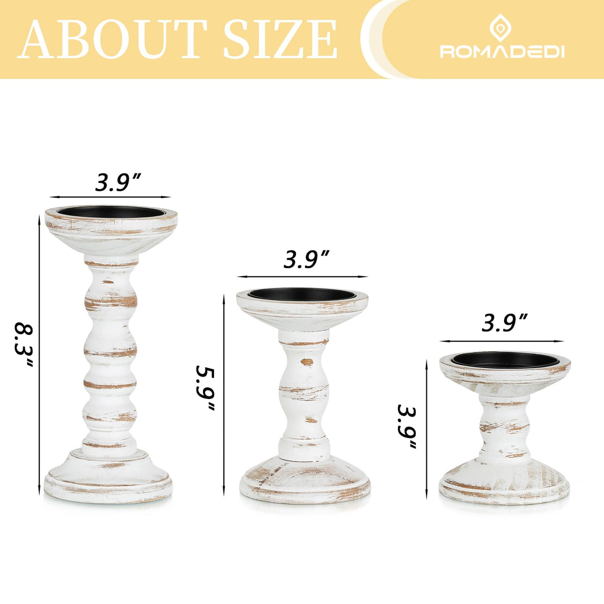 Romadedi Wood Candle Holders for Pillar Candles - Set of 3 Tall Farmhouse Wooden Candlestick Holder, Rustic Candle Stand for Fireplace Mantle Shelf Table Home Decor, Brown Whitewashed 3.9"/6"/ 8.3" Romadedi