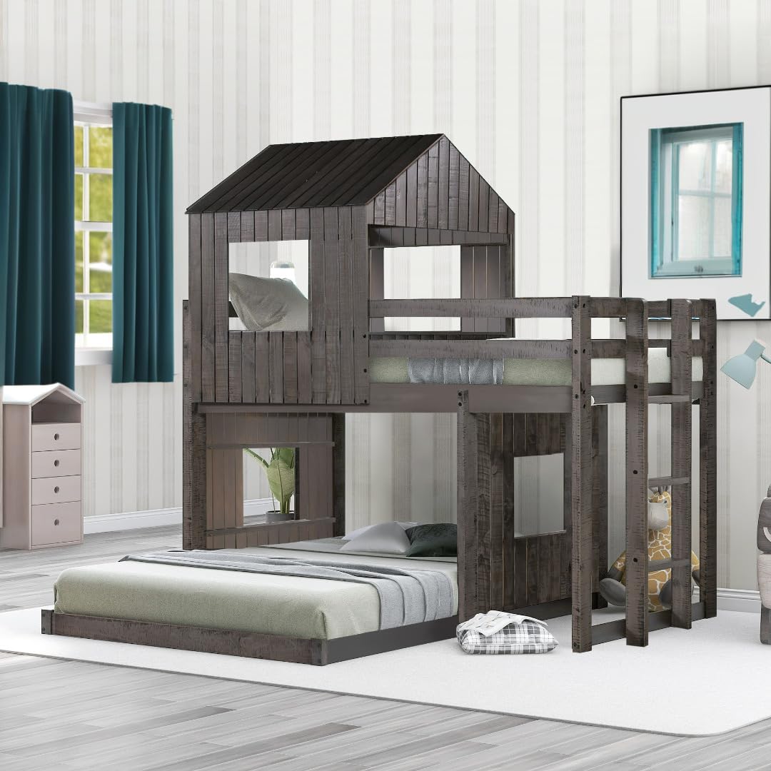 Okak House Antique Grey Twin Over Full Bunk Bed with Ladder and Safety Guardrails Okak