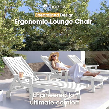 THOEOE Patio Chaise Lounge Chair, Lounge Chair Outdoor with 5 Positions, HDPE, Patio Lounge Chair with Wheels & Cup Holder for Pool, Deck, Poolside,White THOEOE