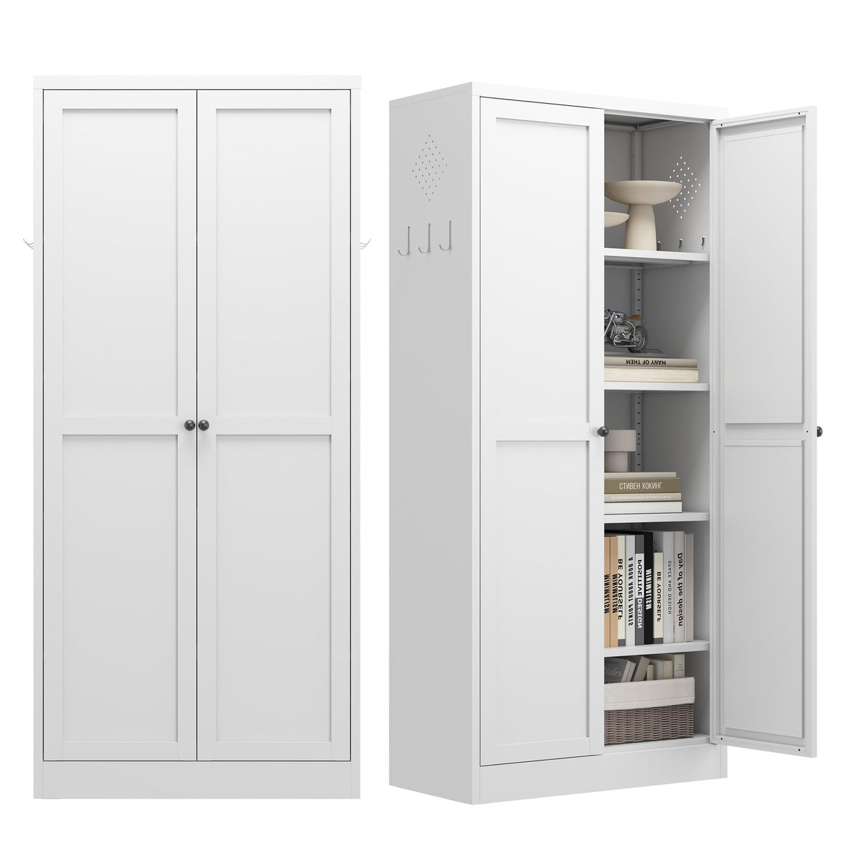 Reegangfa Pantry Cabinet with 2 Doors & 4 Adjustable Shelves & Hooks, 61" Kitchen Storage Cabinets, Utility Metal Storage Cabinet for Home, Living Room, Pantry, Assemble Required (White) Reegangfa