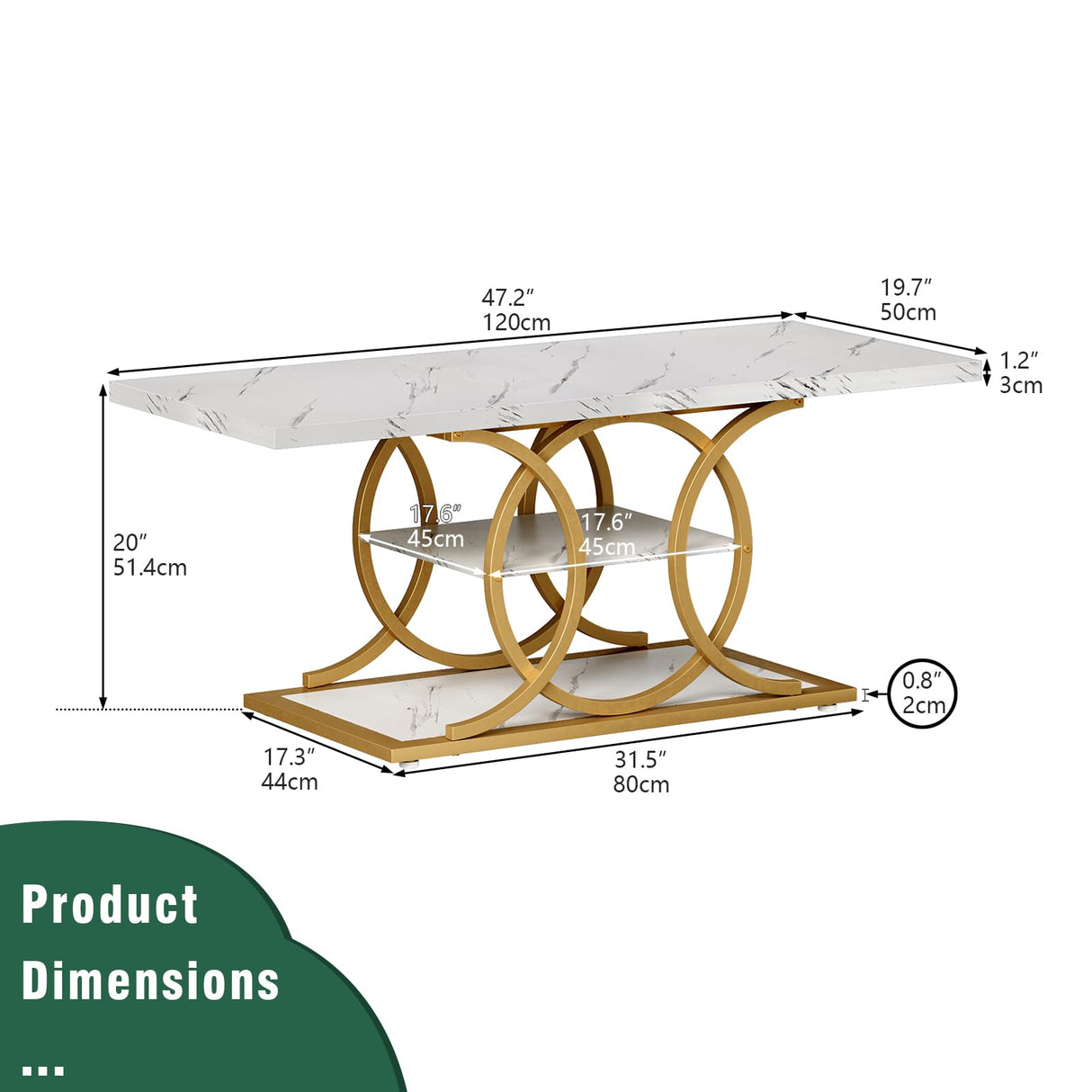 GiftGo Rustic Coffee Table with Storage Modern 3 Tier Center Living Room Table Faux Marble Wooden Rectangle Cocktail Tea Table for Office Bedroom Elegant Full Moon Design (White Gold, L-47) GiftGo